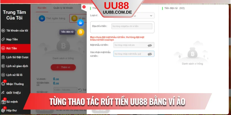 Từng thao tác rút tiền UU88 bằng ví ảo